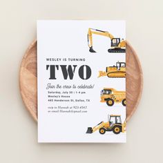 an image of a birthday card with construction vehicles on it and the words, two