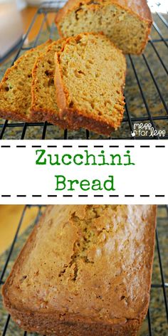 zucchini bread on a cooling rack with the words zucchini bread above it