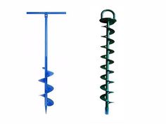 two different types of garden tools are shown in this image, one is blue and the other is green