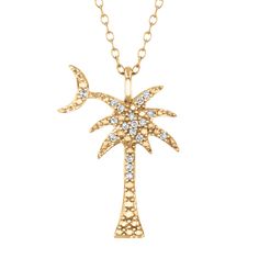 Always be on island time with this delightful palmetto pendant necklace. Crafted in 10k yellow gold, this pendant features a palm tree with a crescent moon decorated with sparkling round diamonds and is suspended from an 18 inch cable chain. The pendant measures 22mm in length and 15.5mm in width. The diamonds are 1/10ctw, J in color, and I2 in clarity. Moon Pendant Necklace, Moon Pendant, Crescent Moon, Cable Chain, Palm Tree, Crescent, Always Be, Round Diamonds, Cable