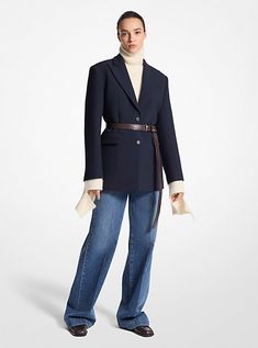 The wide-leg jean is back and even more impactful. Defined by a puddled hem and vintage-inspired whiskered detailing, this pair is cut from pure cotton and designed to sit slightly above the natural waist. Made in Italy. Strong Shoulders, Michael Kors Collection, Menswear Inspired, Denim Trousers, Denim Pant, Leather Belt, Leg Jeans, Pure Cotton, Investment