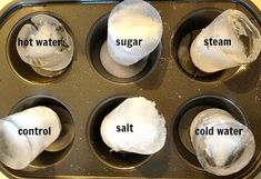 six muffin tins filled with different types of sugar and water in each pan