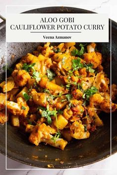 aloo gobi cauliflower potato curry in a skillet with the title above it