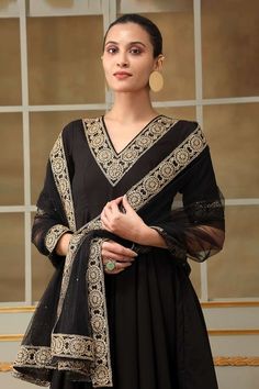 Black anarkali featuring lace detailing. Paired with a matching pant and dupatta. - Aza Fashions Eid Floor-length Dupatta With Embroidered Border, Eid Embroidered Border Floor-length Dupatta, Black Anarkali Set With Embroidered Border For Diwali, Floor-length Dupatta With Embroidered Border, Fitted Floor-length Dupatta With Embroidered Border, Elegant Floor-length Embroidered Dupatta, Unstitched Elegant Anarkali Set With Embroidered Border, Elegant Unstitched Anarkali Set With Embroidered Border, Fitted Georgette Anarkali Set With Embroidered Border