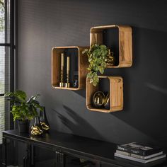 two wooden shelves with plants and other decorative items on them against a dark gray wall