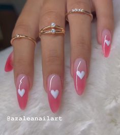 Ombré Heart Nails, Ombre Heart Nails, Long Almond Pink Nails, Almond Nails Designs Valentines Day, Almond Valentines Nails Pink, White To Pink Ombre Nails, Pink Nails Ideas Almond, Ombre White And Pink Nails, Heart Ombre Nails