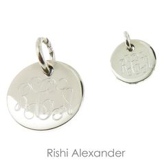 "Rishi Alexander offers Handmade, Up-Scale Jewelry and Gifts. For many of our Unique items, we offer Personalized Monograms that are done by our own in house Engravers. Each Buyer will get a brand new .925 Sterling Silver Round Monogrammed Charm, 10mm to 18mm available. Its perfect to add to your charm bracelet! 10mm is quite small so it would fit best on a baby or young child's charm bracelet. We do custom monograms for each Jewelry Item so please leave us your Monogram upon checkout. A message Round Monogram, Silver Monogram, Custom Charms, Dope Jewelry, Personalized Pendant, Personalized Monogram, Custom Monogram, Fine Jewellery Necklace, Custom Necklace