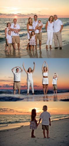 the family poses on the beach at sunset for their photo session with one child and two adults