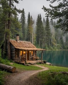 a log cabin sits on the shore of a lake