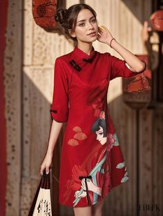 Ebeek - Womens Vintage Chinese Style Cheongsam Dress with Elegant Girl Print, Slim Qipao Design Red Summer Dress With Stand Collar, Traditional Dresses For Tea Ceremony, Red Stand Collar Dress For Spring, Fitted Dress For Tea Ceremony, Fitted Long Sleeve Cheongsam For Summer, Luxury Fitted Spring Cheongsam, Red Sleeveless Fitted Cheongsam, Elegant Red Sleeveless Cheongsam, Elegant Spring Floral Print Cheongsam