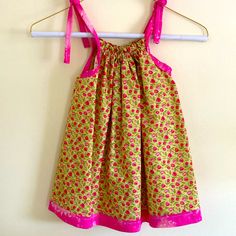 Beautiful Little Girls Dress In Vibrant Green Tulip Print With Bright Pink Accents. 100% Cotton And Pre Shrunk. Ties At Shoulders To Adjust The Length. Perfect Summer Dress! Never Worn. Pink Cotton Sundress For Dress-up, Pink Sleeveless Sundress For Dress-up, Diy Dresses, Pillowcase Dresses, Sack Dress, Girls Pillows, Girls Sundress, Tulip Print