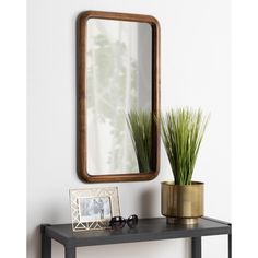 a black table with a mirror and potted plant on it next to a white wall