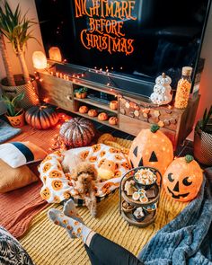 a dog sitting on a blanket in front of a tv with halloween decorations around it