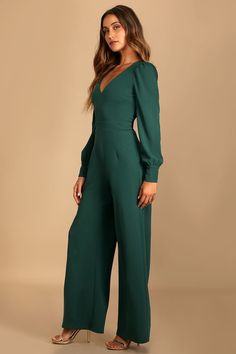 Emerald Green Jumpsuit - Wide-Leg Jumpsuit - V-Neck Jumpsuit - Lulus Fancy Romper Long Pants, Green Jumpsuit Outfit, Wedding Guest Jumpsuit, Green Wedding Guest Dresses, Jumpsuit Outfit Wedding, Emerald Green Jumpsuit, Jumpsuit Lulus, Jumpsuit Wedding Guest, Jumpsuit Winter