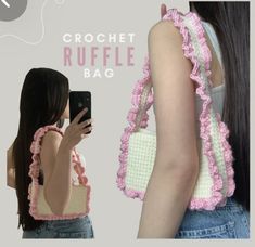 a woman holding a cell phone and wearing a crochet ruffle bag on her shoulder