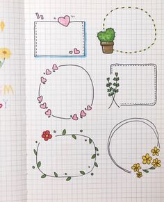 an open notebook with doodles and flowers on the pages, including frames for photos