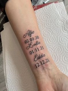 a woman's wrist tattoo with the date and time for her birth on it