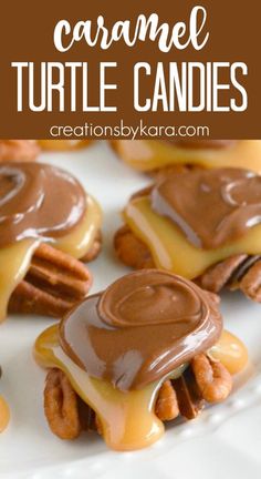 caramel turtle candies on a white plate