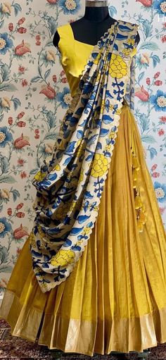 Lehanga Designs Kalamkari, Lehanga With Saree Ideas, Kalamkari Voni Half Saree, Aamra By Lavanya, Yellow Half Saree Designs, Half Saree Duppata Styles, Half Saree Designs Party Wear, Half Saree Dupatta Designs, Kalamkari Duppata For Lehenga