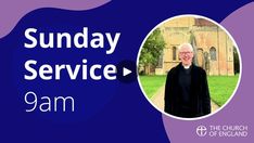 a man standing in front of a church with the words sunday service 9am on it