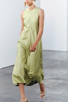 SLEEVELESS DRESS ZW COLLECTION - Green / Grass | ZARA United States Shirt Blouses Tops, Cardigan Sweater Dress, Tshirt Skirt, Zara Woman, Knitwear Cardigan, Midi Dress Sleeveless, Green Grass, Shirt Skirt, Blazer Dress