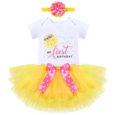 PRICES MAY VARY. 🌞🌞【Sunshine First Birthday Tutu Outfit】Adorable you are my sunshine birthday outfit for baby girl, sunshine birthday girl tutu set, 3PCS included shiny rainbow sunshine printed bodysuit romper top, yellow sunshine ruffle tulle tutu skirt and polka dot flower headband hair accessories. Cutest little girl sunshine cake smash outfits photo props for 12 months / 1 year old newborn infant baby, best as an excellent sunshine gifts, baby shower gift, newborn gift and photo shooting c Sun 1st Birthday Party, 1st Birthday Party Cake, Sunshine First Birthday, First Birthday Tutu, 2nd Birthday Outfit, Sunshine Birthday, Birthday Tutu Outfit