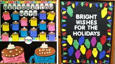 two bulletin boards decorated with bright wishes for the holidays and coffee mugs on them