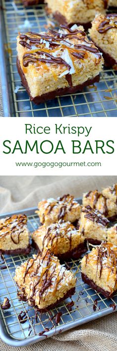 rice krispy samoo bars with chocolate drizzled on top and then topped with marshmallows