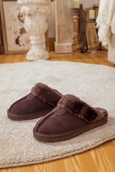 Deliver convenient slip-on comfort to their weekend mornings with these soft suede slippers designed with a cozy wool lining and durable rubber sole for indoor/outdoor use. Pairs perfectly with our chesterfield knit sweater or snug fleece lounge sets. 0.78'' heel Slip-on 100% leather upper 100% Wool lining Rubber sole Feature: Lightweight, ultra-soft fully woolen lined, anti-skid rubber sole. Cozy Brown Slippers Super Soft, Super Soft Brown Indoor Slippers, Brown Suede Indoor Slippers, Super Soft Comfortable Brown Slippers, Cozy Indoor Suede Slippers, Winter Brown Suede Slippers, Indoor Suede Slip-on Slippers, Suede Slip-on Indoor Slippers, Comfortable Soft Brown Slippers