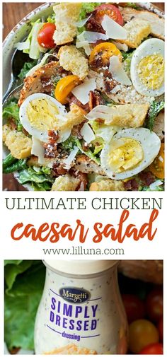 the ultimate chicken caesar salad is ready to be eaten and served with dressing sauces