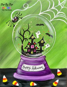 an acrylic painting of a halloween snow globe