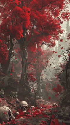 a red forest filled with lots of trees and skulls on the ground next to rocks