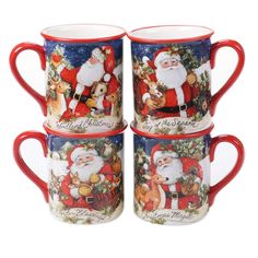 three red and white christmas mugs with santa on them