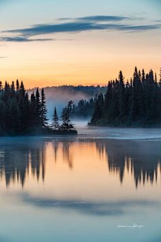 a lake surrounded by trees and fog at sunset