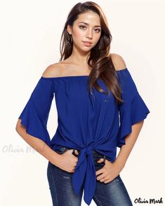 OliviaMark - Elegant Chiffon Blouse with Mandarin Collar: Solid Color, 3/4 Sleeve, Tie-front, Pullover Top Top Azul, Ladies Chiffon Shirts, Knot Front Top, Shoulder Knots, Graduation Outfits, Blouse Sale, Summer Concert, Chiffon Shirt, Shoulder Shirts