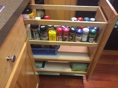 an open cabinet with spices and condiments in it