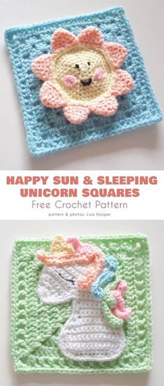 two crocheted squares with the words happy sun and sleeping unicorn on them