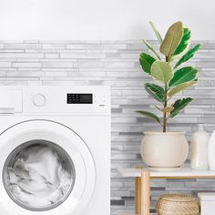 a white washer sitting next to a green plant in a vase on top of a table