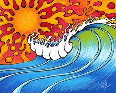 a painting of an ocean wave with orange and blue colors on it, as if in the middle of a sunset