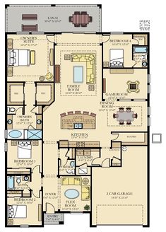 the floor plan for a two story house with an attached garage and living room area