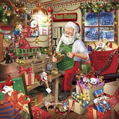 a christmas scene with santa claus in his workshop