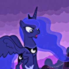 a blue and black pony standing next to each other on top of a purple field