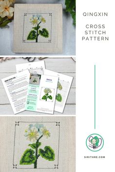 the cross stitch pattern is shown with instructions to make it look like an embroidered flower