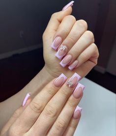 Pink French Nails With Gems, Short Square Acrylic Nails With Initial, Short Nails Ideas Birthday, Medium Length Pink Acrylic Nails, Short Acrylic Nails With Rhinestones Simple, Mid Acrylic Nails, Short Boujee Acrylic Nails, Shorties Nails Square French Tip, Short French Tip With Rhinestones