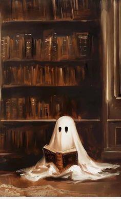 a painting of a ghost reading a book in front of a library full of books