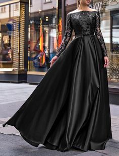 Elegant Dress Wedding Guest Fall Floor Length Long Sleeve Off Shoulder Belt / Sash Satin with Appliques Evening Dress Dress Wedding Guest Fall, Wedding Guest Fall, Red Green Dress, Evening Dresses Online, Shoulder Belt, Cheap Evening Dresses, Dress Wedding Guest, Long Sleeve Prom, Evening Gowns Elegant