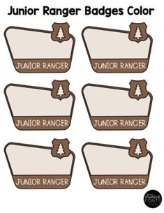 the junior ranger badges are brown and white with trees on them, as well as four different colors