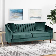 a living room with a green velvet couch and white rugs on the floor next to a potted plant