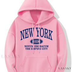 Lasaky - Womens New York Letter Print Kangaroo Pocket Hoodie - Casual Long Sleeve Drawstring Sweatshirt for Stylish Comfort Kangaroo Pocket Hoodie, Pocket Hoodie, Writing Numbers, Pocket Pattern, Casual Hoodie, Letter Print, Letter Prints, Kangaroo Pocket, Kangaroo