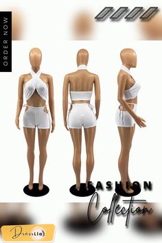 Women Halter Neck Backless Top Skinny Shorts Two Piece Set Stretch Halter Top With Built-in Bra For Club, Stretch Sleeveless Halter Top With Built-in Bra, White Halter Neck Mini Dress With Built-in Bra, Women Halter, Backless Top, Two Piece Set, Above Knee, Two Piece Sets, 1 Million